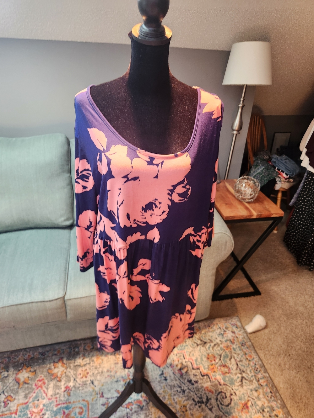 Popyoung Navy Blue Knit Tunic Top Pink Floral Print 3X Plus New With Tags  NWT